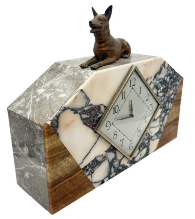 Gorgeous French Art Deco Marble & Alsatian Dog Figural Mantel Clock – ca1940 French mantel clock Antique Clocks 7