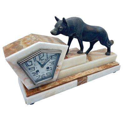 Outstanding French Art Deco Marble & Alsatian Dog Figural Mantel Clock – ca1920 French mantel clock Antique Clocks 16