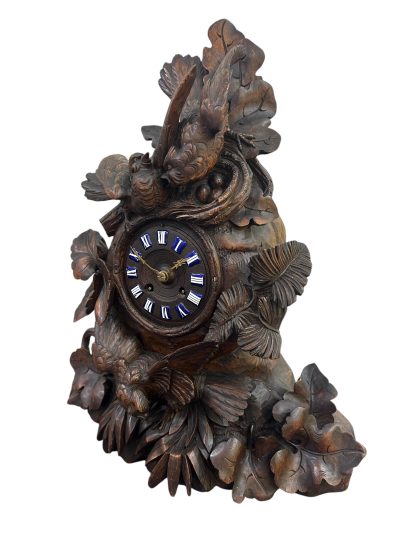 Exquisite carved Bird Black Forest Mantel Clock – ca1900 Mantel Clock Antique Clocks 5