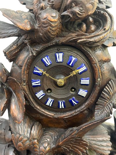 Exquisite carved Bird Black Forest Mantel Clock – ca1900 Mantel Clock Antique Clocks 4