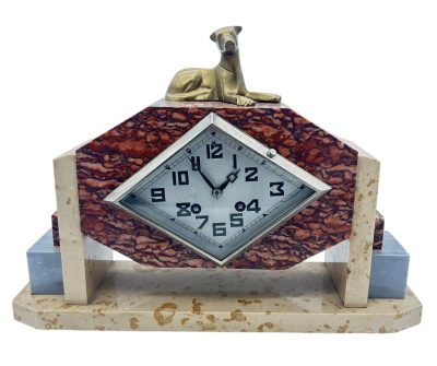 Exquisite French Art Deco Red & Grey Marble Dog Figural Mantel Clock – ca1920 French mantel clock Antique Clocks 3