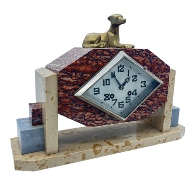 Exquisite French Art Deco Red & Grey Marble Dog Figural Mantel Clock – ca1920 French mantel clock Antique Clocks 10