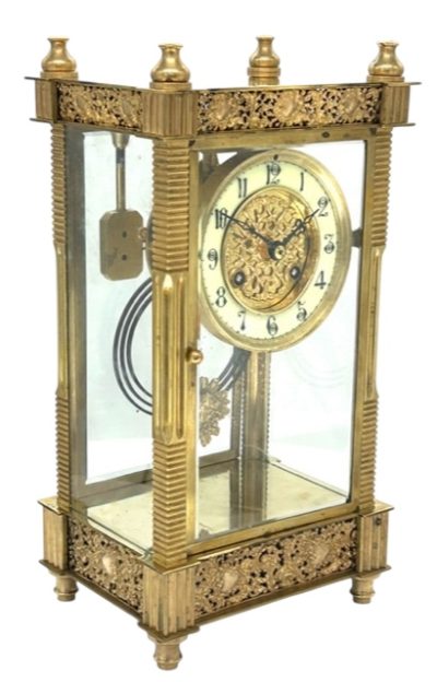 Antique French Gong Striking 8-Day Mantel Clock – 4 glass regulator style desk clock C1890 – Serviced May 2024 Antique gilt French clocks Antique Clocks 8