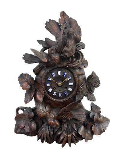 Exquisite carved Bird Black Forest Mantel Clock – ca1900 Mantel Clock Antique Clocks 3