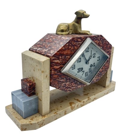 Exquisite French Art Deco Red & Grey Marble Dog Figural Mantel Clock – ca1920 French mantel clock Antique Clocks 11