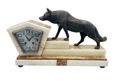 Outstanding French Art Deco Marble & Alsatian Dog Figural Mantel Clock – ca1920 French mantel clock Antique Clocks 3