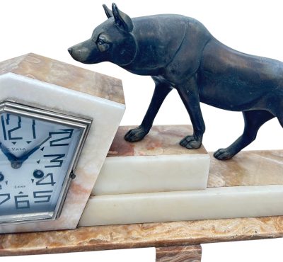 Outstanding French Art Deco Marble & Alsatian Dog Figural Mantel Clock – ca1920 French mantel clock Antique Clocks 5