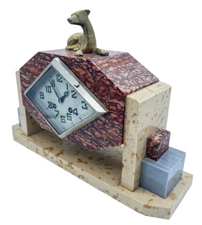 Exquisite French Art Deco Red & Grey Marble Dog Figural Mantel Clock – ca1920 French mantel clock Antique Clocks 4