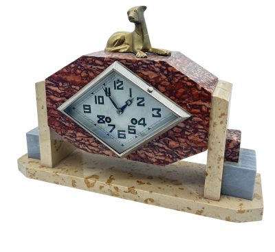 Exquisite French Art Deco Red & Grey Marble Dog Figural Mantel Clock – ca1920 French mantel clock Antique Clocks 7