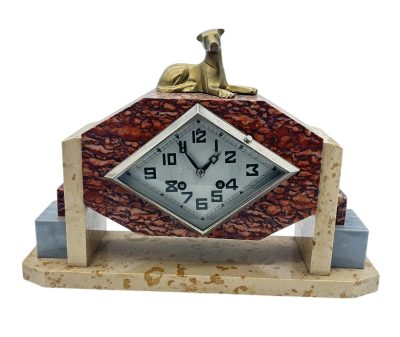 Exquisite French Art Deco Red & Grey Marble Dog Figural Mantel Clock – ca1920 French mantel clock Antique Clocks 8