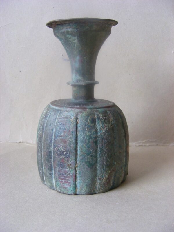 SALE: 1,000 year old bronze Perfume Sprinkler ribbed form with Kufic inscriptions Islamic Persia Antiquities 3