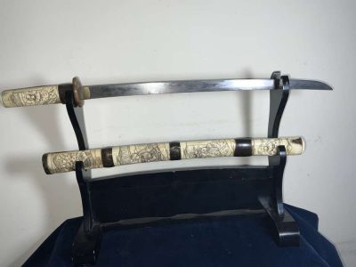 JAPANESE SHORT SWORD CARVED BONE SCABBARD