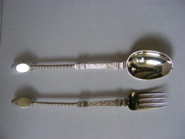 Exquisite CAST silver Heraldic Lion Terminal Spoon Fork set 1871 Female Silversmith Jane Brownett