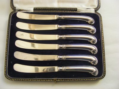 Exquisite Set 6 Pistol Grip Butter Knives Sterling Silver Sheffield 1924 original BOX - Image 2