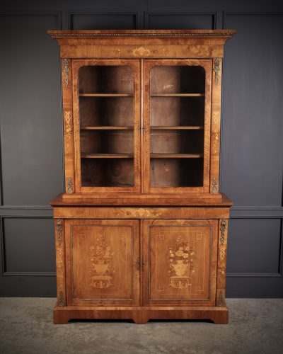 Figured Walnut Marquetry Inlaid Glazed Bookcase