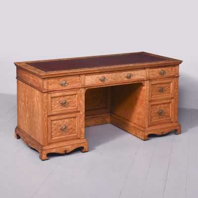 Magnificent Large Inlaid Satinwood Victorian Desk With Burgundy Leather Top