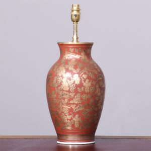 Hand-Painted Gilt-Decorated, Dark Red Japanese Porcelain Vase Converted to A Lamp Antique Lighting