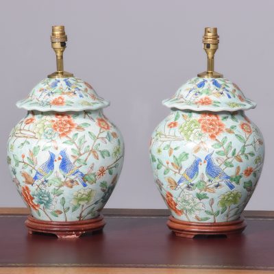 Pair of Chinese Canton Style Lamps with a Pale Green Background