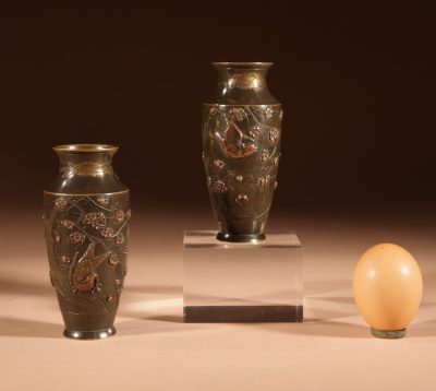 A Pair Of Small Japanese Bronze And Copper Vases Meiji Period 1868-1912