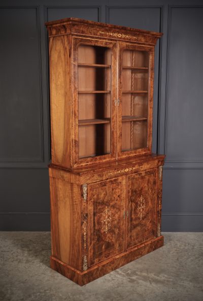 Marquetry Inlaid Burr Walnut Glazed Bookcase - Image 2