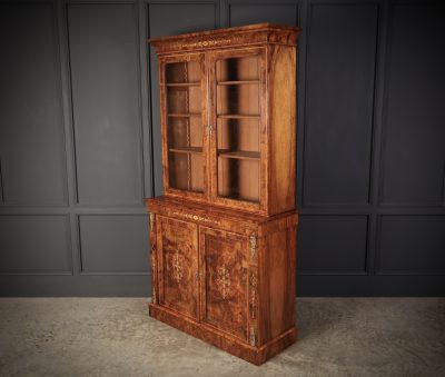 Marquetry Inlaid Burr Walnut Glazed Bookcase - Image 12