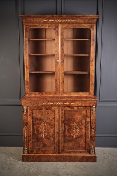 Marquetry Inlaid Burr Walnut Glazed Bookcase