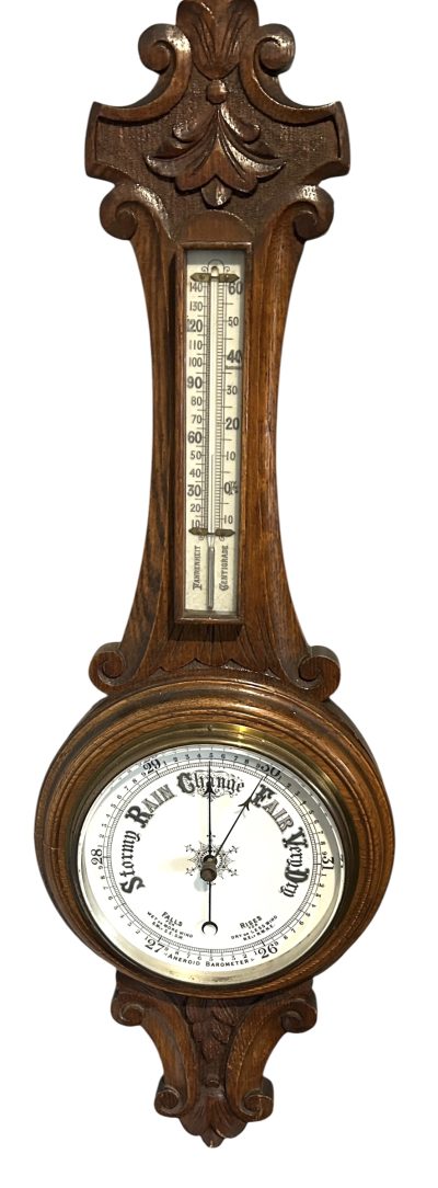 Antique Oak Banjo Barometer Thermometer -ca 1900