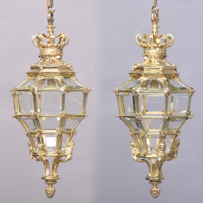 Large Pair of Hexagonal & Faceted Ormolu Lanterns