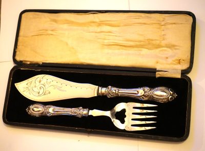 c.1900 Ornate Silver Plate Fish Servers Boxed Set- Engagement / Wedding Present