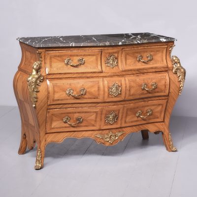 Late 1900s Vintage Marble Top French Walnut and Satin Birch Commode