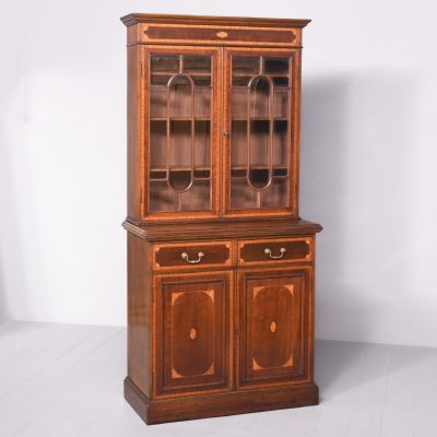 Outstanding Quality Edwardian Sheraton-Style Inlaid Mahogany Cabinet Bookcase, Possibly Maple And Co