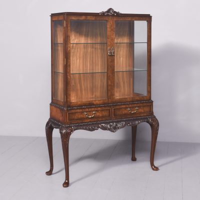 Georgian-Style Burr Walnut Glazed Display Cabinet on A Carved Stand