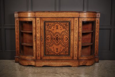 Victorian Burr Walnut Marquetry Inlaid Credenza