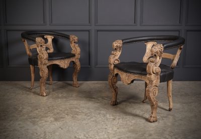 Pair Of Bleached Carved Oak & Black Leather Desk Chairs