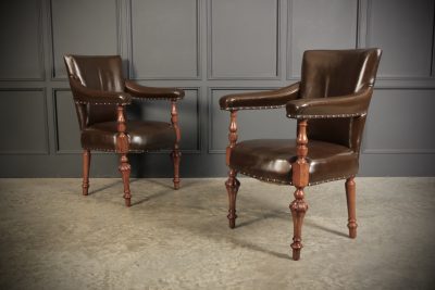 Pair of Victorian Mahogany & Leather Library Armchairs