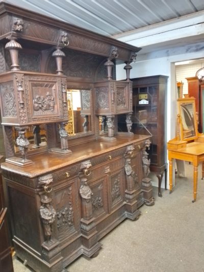 Large Antique Carved Oak Mirror Back Sideboard