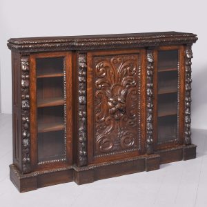 Mid-Victorian Flemish Profusely Carved Breakfront Glazed Bookcase Antique Bookcases