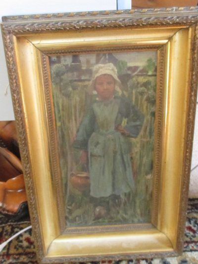 OILPAINTING DUTCH GIRL ON CANVAS  SIGNED F B    35 CM BY  23 CM CIRCA 1880