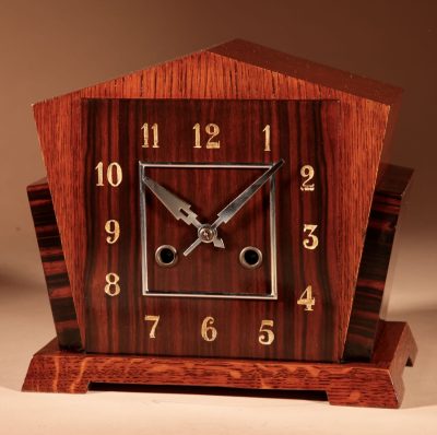 A Very Stylish Typical Art Deco Amsterdam School Oak and Macassar Ebony/Coromandel Mantel Clock.