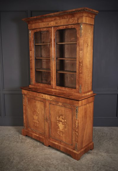 Figured Walnut Marquetry Inlaid Glazed Bookcase - Image 14