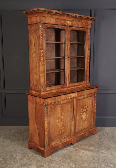 Figured Walnut Marquetry Inlaid Glazed Bookcase - Image 2