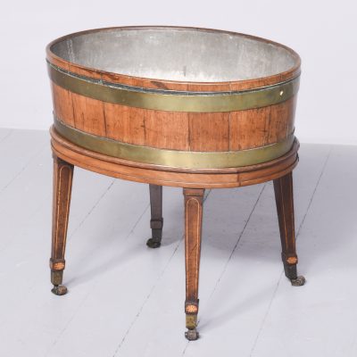 George III brass-bound, oval open wine cooler on stand with original zinc liner - Image 7