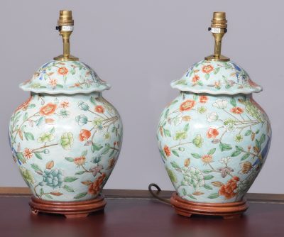 Pair of Chinese Canton Style Lamps with a Pale Green Background - Image 6