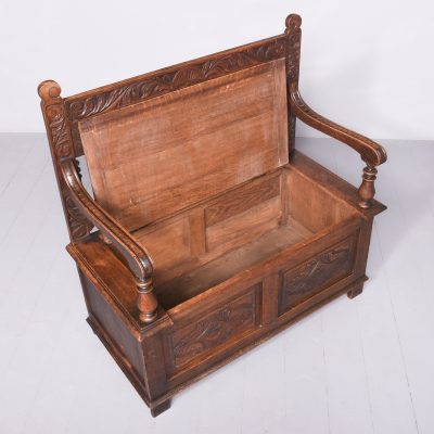 Victorian Jacobean Style Carved Oak Box Settle or Hall Bench - Image 10