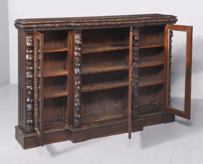 Mid-Victorian Flemish Profusely Carved Breakfront Glazed Bookcase - Image 9