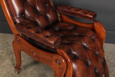 Mahogany & Buttoned Brown Leather Reclining Chair - Image 13