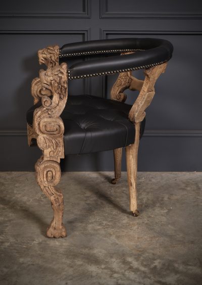 Pair Of Bleached Carved Oak & Black Leather Desk Chairs - Image 6