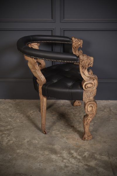 Pair Of Bleached Carved Oak & Black Leather Desk Chairs - Image 8