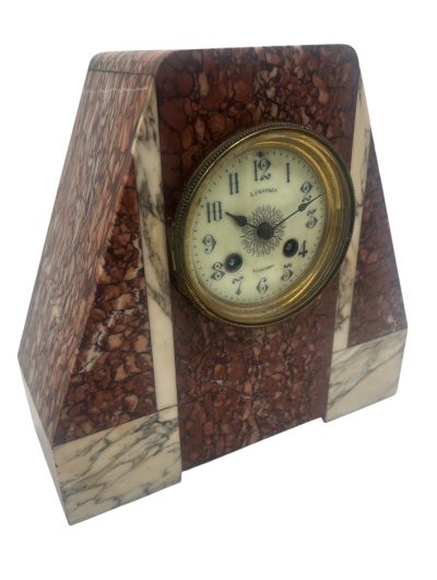 Fabulous French Art Deco red & white Marble Mantel Clock Set – ca1920 - Image 7