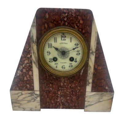 Fabulous French Art Deco red & white Marble Mantel Clock Set – ca1920 - Image 6